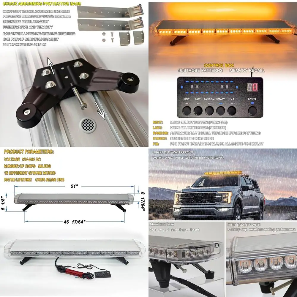

51 Amber LED Rooftop Emergency Light Bar with 16 Strobe Patterns for Various Vehicles and Equipment