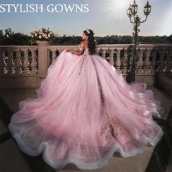 Pink Off The Shoulder Ball Gown Quinceanera Dresses For Girls Beaded Appliques Birthday Party Gowns Lace Up Back Customized