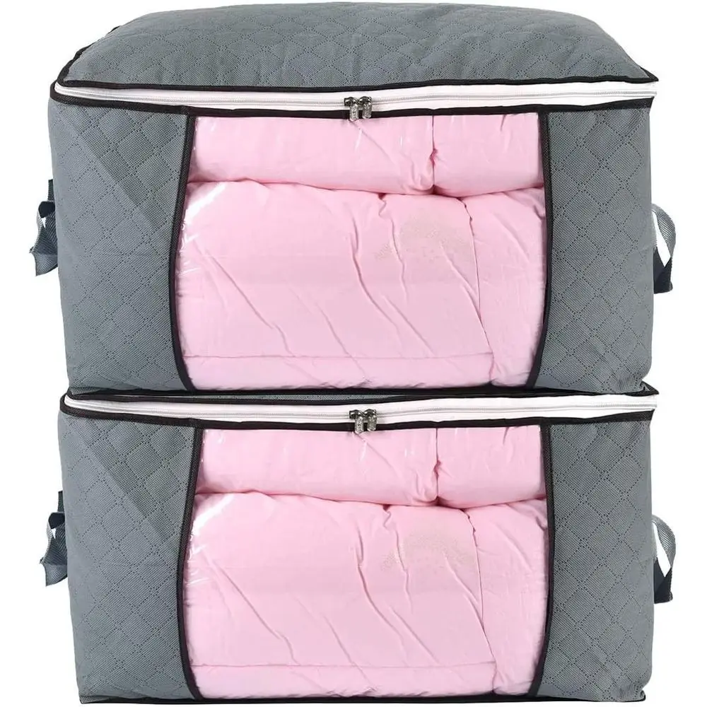 Large Clear Window Zippered Storage Bags with Handles, Organizers for Blankets, Pillows, Quilts, Bedding, Clothes (2 Pack Grey)