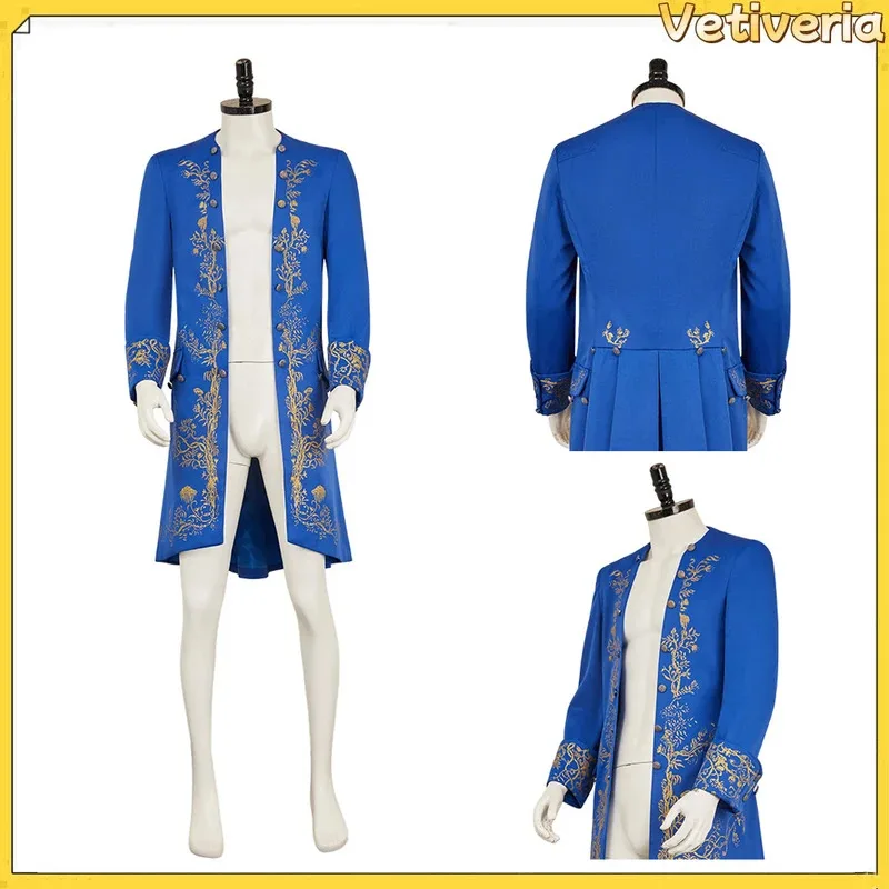 Męski kostium cosplay Królewna i Bestia, styl dworski, niebieski płaszcz, przebranie na Halloween, karnawał, Topx,5;d'2.y;8'