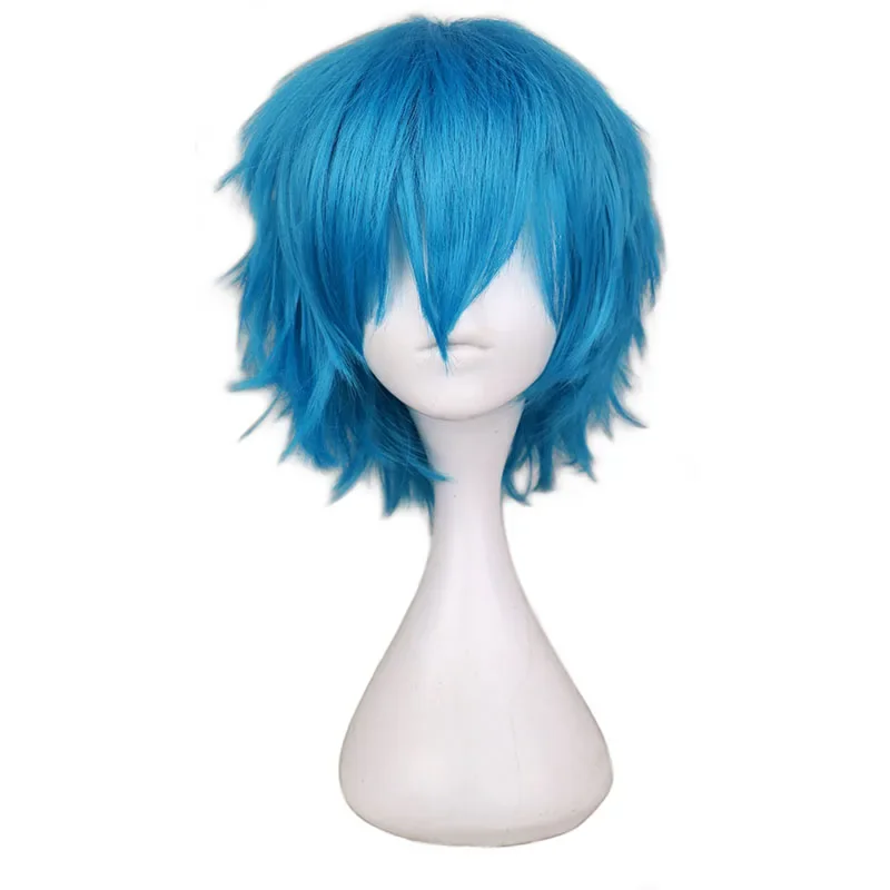 QQXCAIW Wig Cosplay Pendek Pria Hijau Biru Kostum Pesta Wig Rambut Sintetis Serat Suhu Tinggi