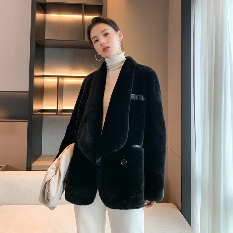 High Street Natural Fur Coat Women Korean Real Wool Fur Coats Genuine Leather Fur Jackets for Women Winter Outwear Blouson Femme