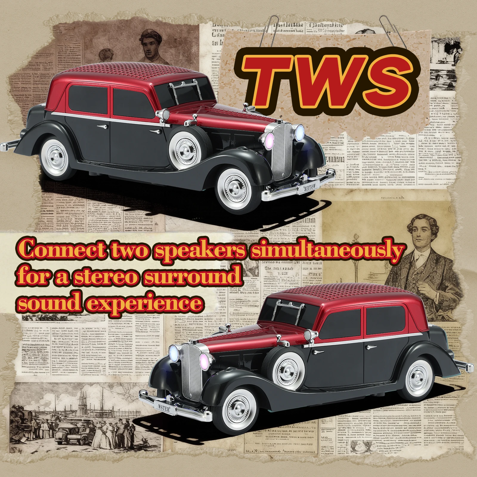 

WSTER WS-1934 Guise Sedan Vintage Car Shaped Bluetooth Speaker Handsfree LED Light TF USB FM AUX TWS Type C Charging