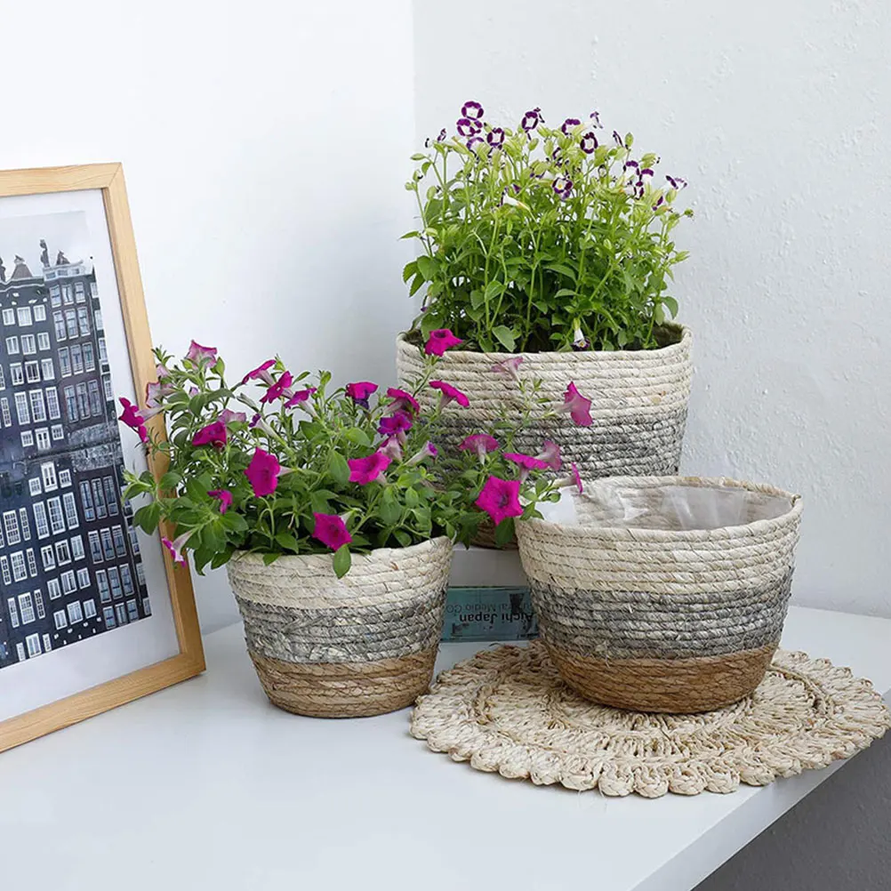 

2pcs Woven Flower Baskets Indoor Straw Baskets For Decor Desktop Basket Large Space Multi-Purpose Rectangular