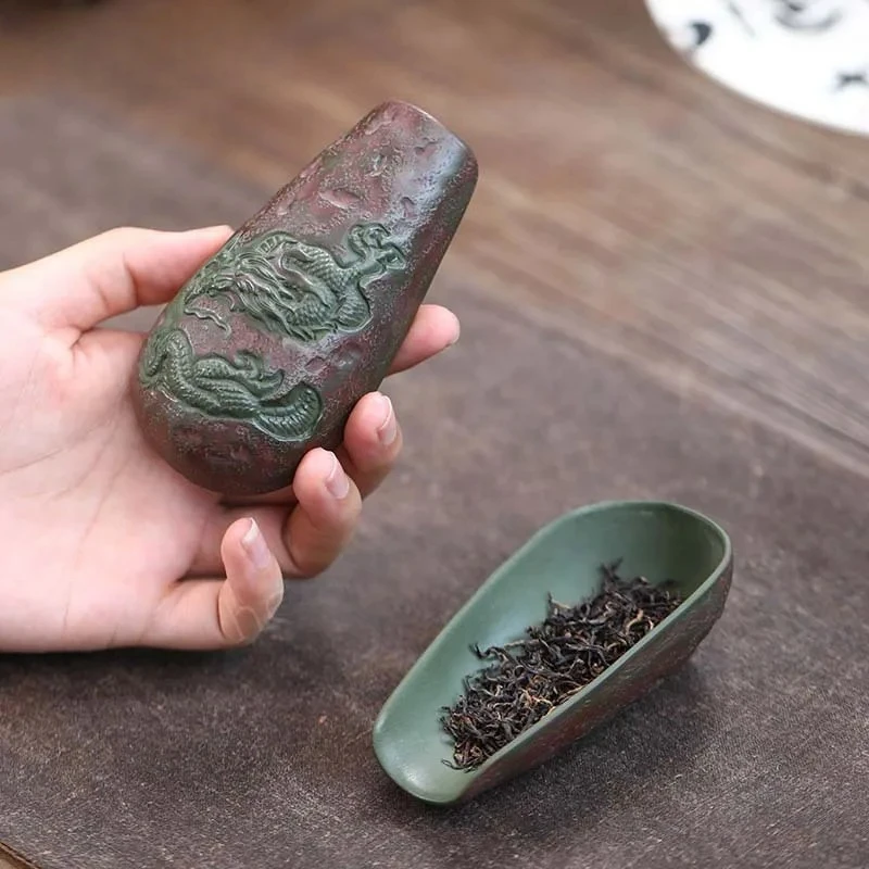 Handmade Dargon Pattern Purple Clay Tea Scoop Boutique Tea Leaf Container Chahe Shovel Awakening Tea Ladle Tea Ceremony Craft