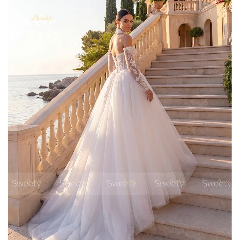 Off The Shoulder Wedding Dress Organza With Embroidery A-Line Ball Gown Full Sleeve Customized Bridedress Lace Up Robe De Mariee