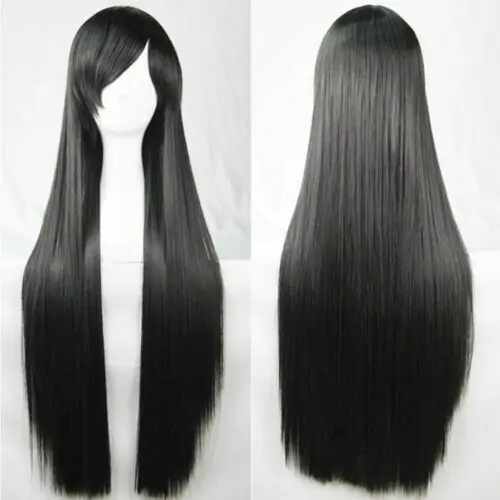 

Black Straight Sleek Long Full Hair Wigs w Side Bangs Cosplay Costume Womens