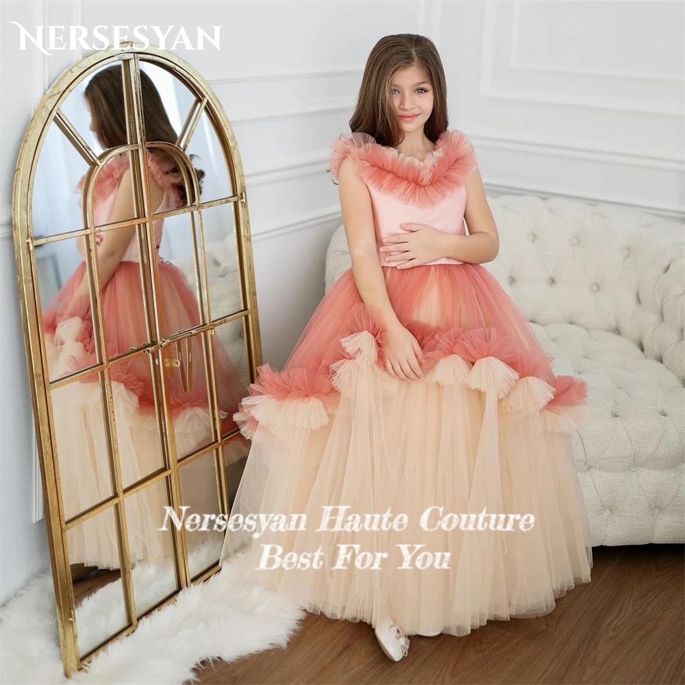 Nersesyan Elegant Ruched Tulle Flower Girl Dresses For Wedding A-Line Rufflles V-Neck Pageant Children Birthday Party Gowns 2024