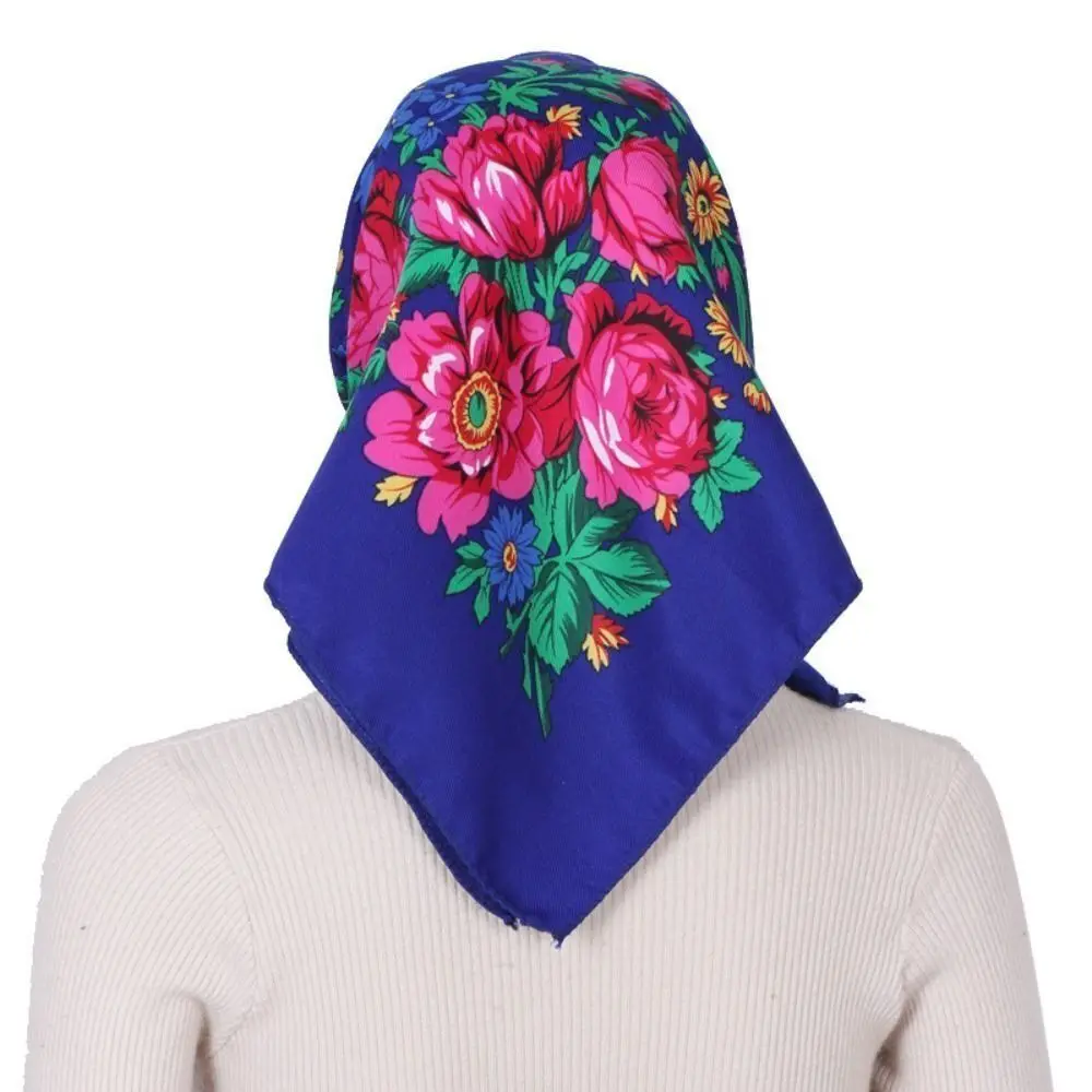 Sunscreen Rose Flower Print Head Scarf High Quality Ethnic Style Square Headwraps Polyester Square Shawl