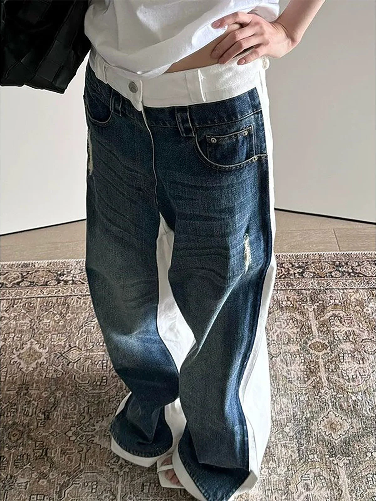 Calça Jeans Azul e Branca Lavada com Recortes, Estilo High Street, Perna Larga Micro Flare, Comprimento Longo, para Homens e ...