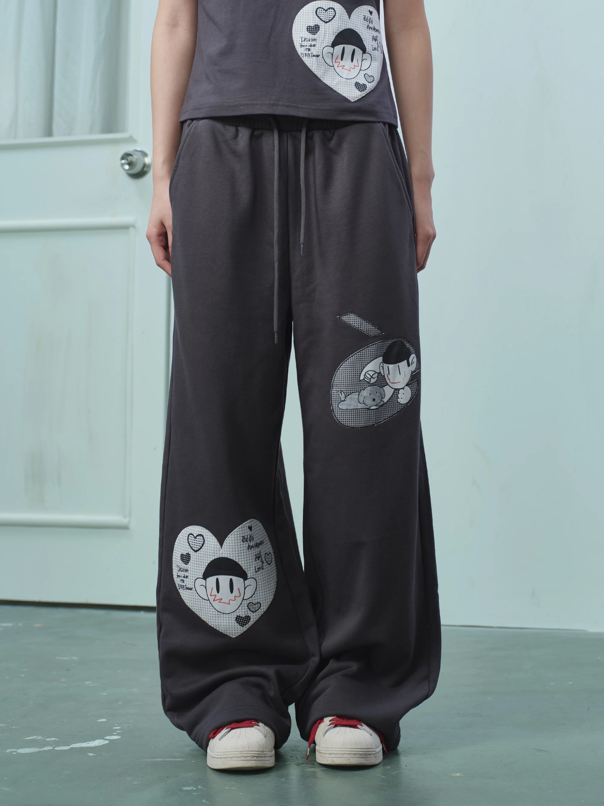 Sweet Heart Patch Long Pants Drawstring Sweatpants Sporty Trousers Comfortable Cotton Polyester Blend Printed Polka Dot Pattern
