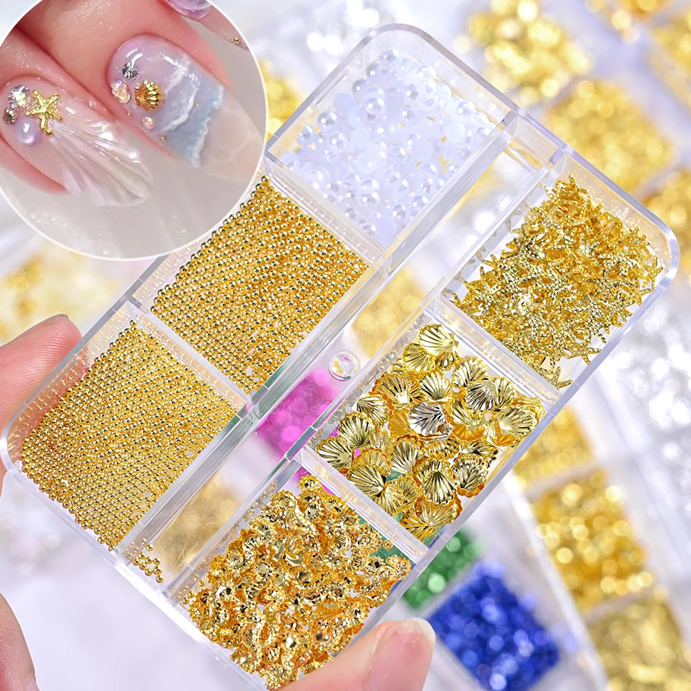 6 Grids/box Gold 3D Seaside Nail Art Charm Decorations Shell Star Feathers Silver Metal Nail Sequin Accessories For Summer Beach