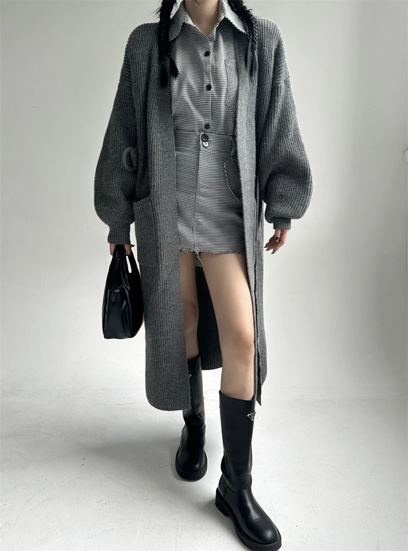 

Korean design lazy long sleeved long tie loose casual thick knee knitted sweater coat solid color pocket coat