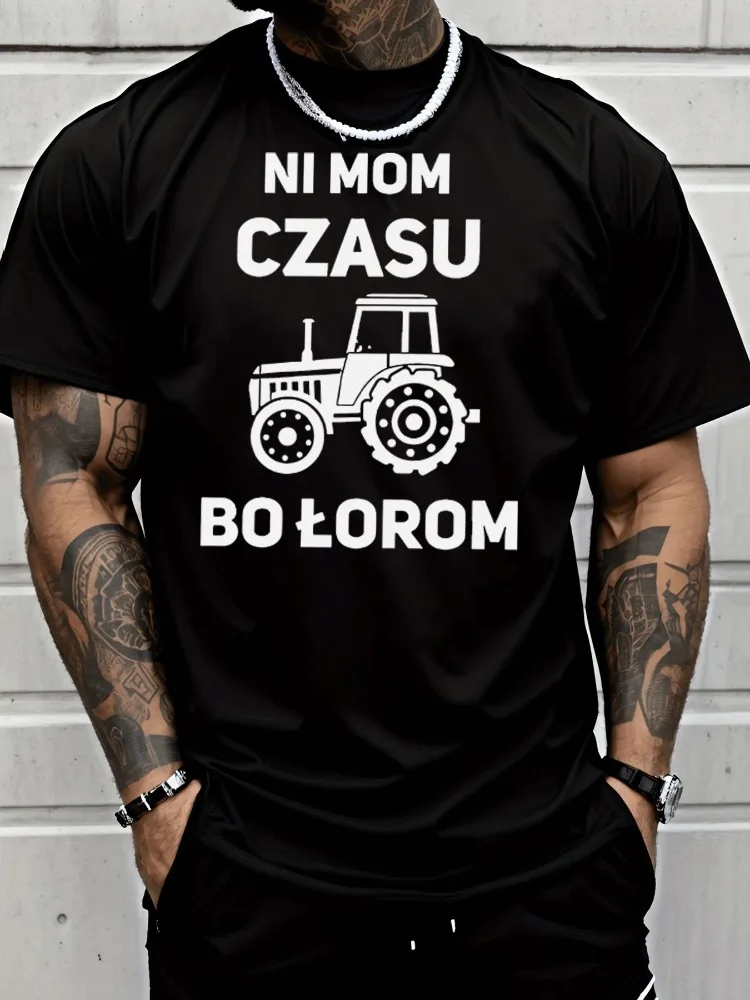 Men Summer Crew Neck Short Sleeve T Shirt Tractor Polish Letter Print Casual Loose Farmer Streetwear Daily Fashion Tops