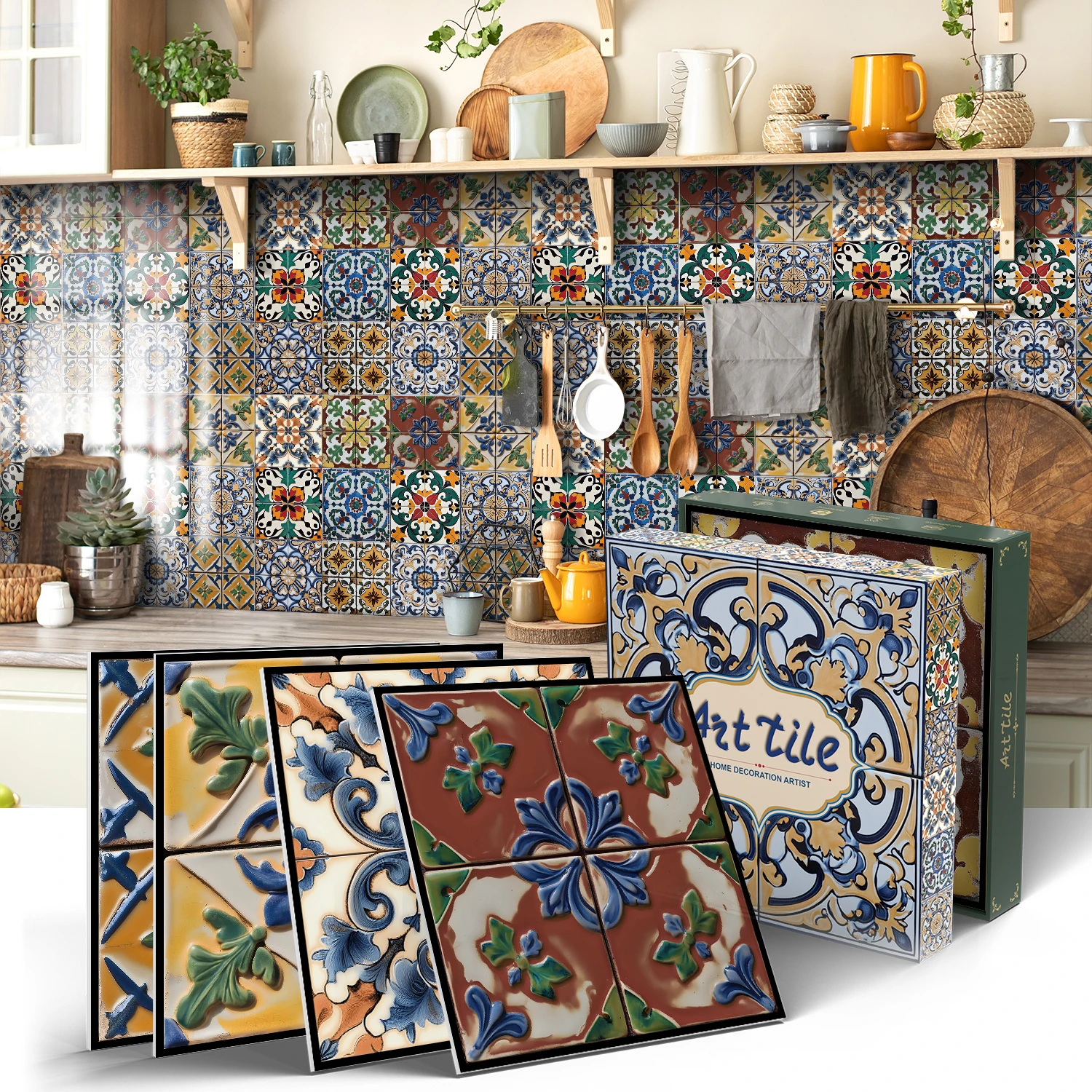 

Vintage Spanish Mosaic Tile Stickers, 5.91" Self Adhesive Waterproof Peel and Stick Backsplash for Kitchen Bathroom (12PCS)