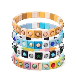 2025 Spring New Design 8MM Square Shape Beads Bangle Inlaid Diamond Charms Colorful Elastic Bracelets