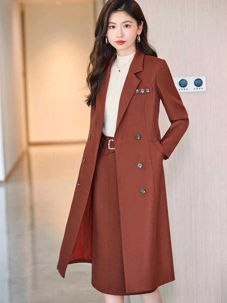 

High Quality Women Skirt Suit Black Red Coffee Office Ladies Formal Business Vintage Trench Blazer 2 Piece Set For Autumn Winter