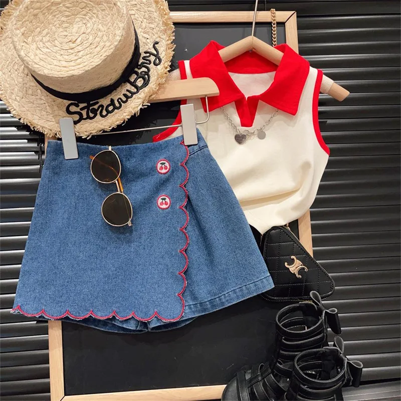 2024Girls Set 18M-8Y Baby Thin Sleeveless Lapel Top Denim Shorts Two-piece Set for Children's Summer Clothes Girls 1-8 years old