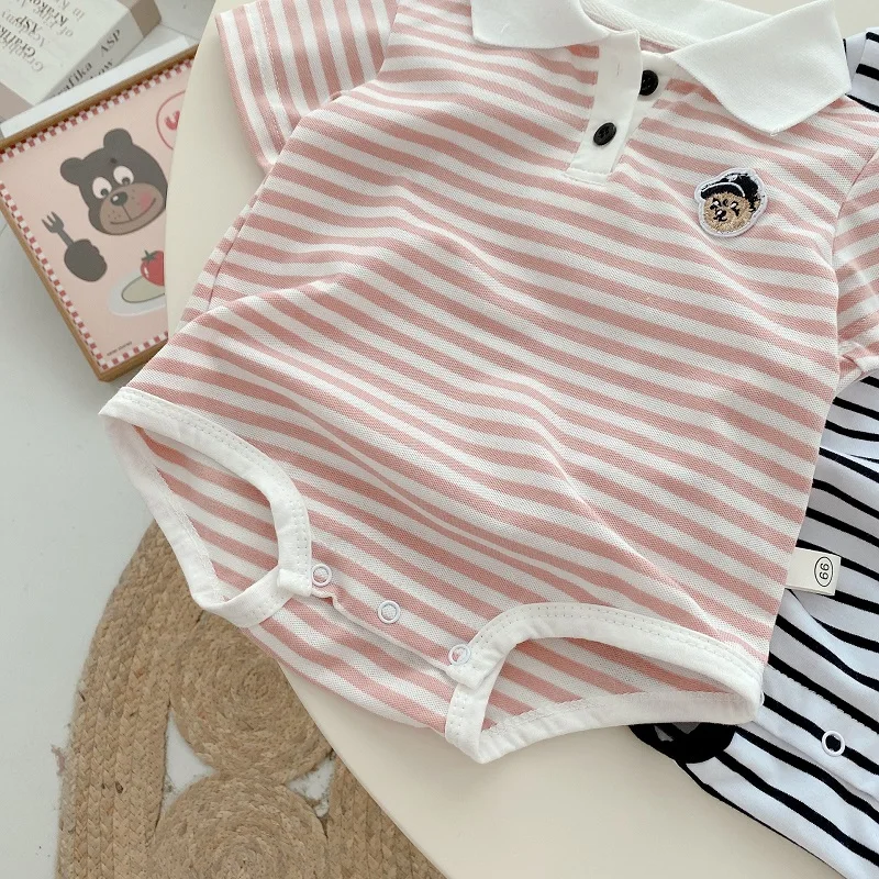 Summer Newborn Baby Boy Clothes Short Sleeve Turn Down Collar Striped Romper Jumpsuit Outfits One-Pieces Suit 0-24M