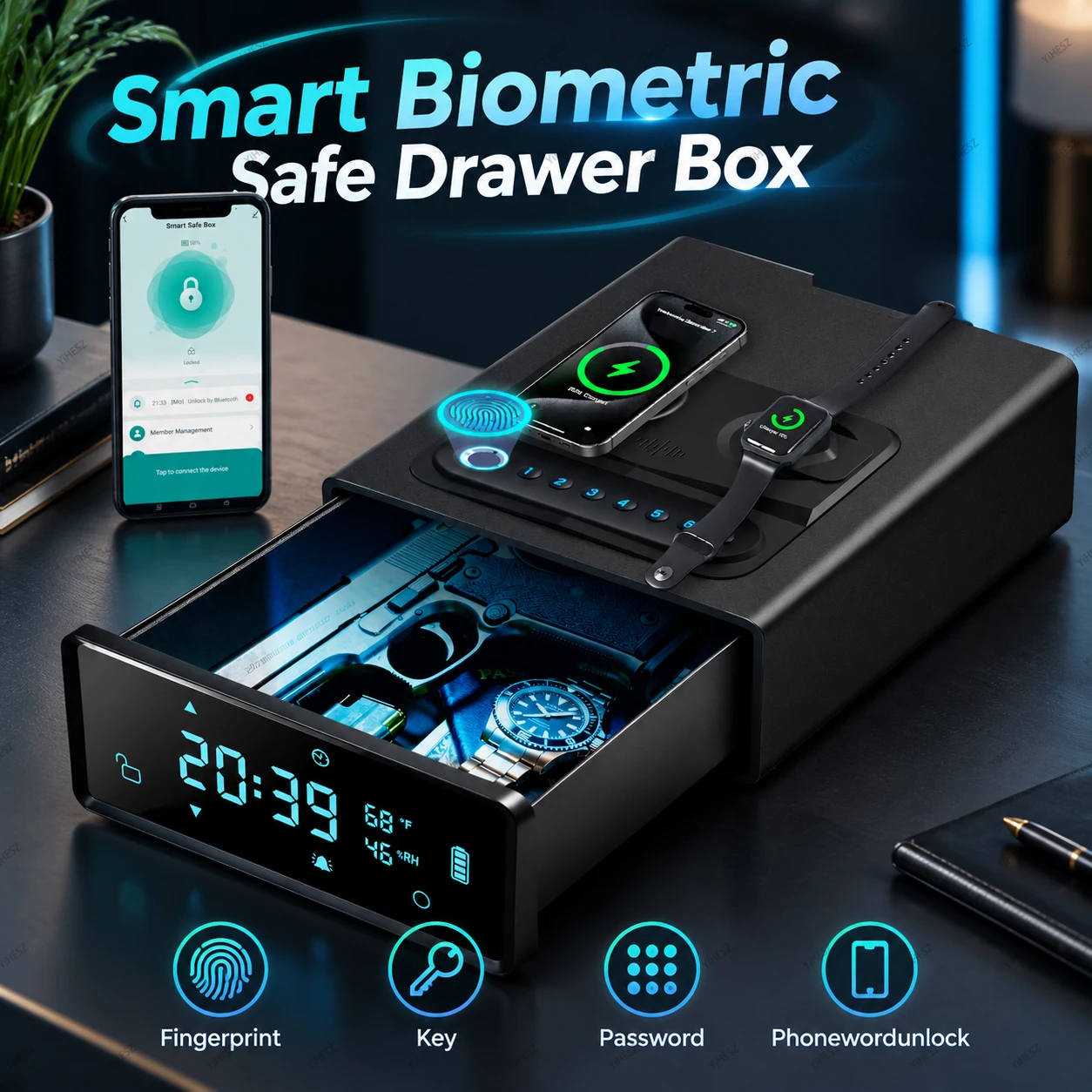 Hidden Smart Electronic Gun Safe Box fingerprint key password Phonewordunlock LED Display Wireless Charging For Cash Jewelry Gun