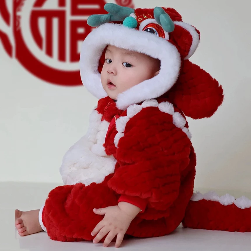 2024NEW Thick Chinese Style Jumpsuit For Kid Tang Suit Hanfu Red Chinese Traditional New Year Outfit Dragon Romper Birthday Gift