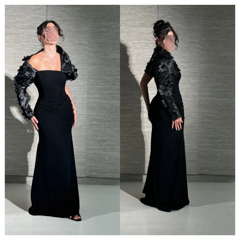 

Customized Modern Black Jersey Evening Dress Fashion Boat Neck Off the Shoulder Long Sleeves Party Dress Delicate Celebrity Gow