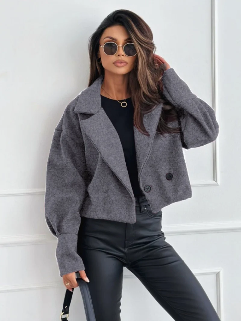 Ležérní kardigan bunda s klopovým límcem, stylový dámský podzimní zimní kabát, krátký odkládací kabát pro denní nošení, jednobarevný, volný střih, ale - náhled 3