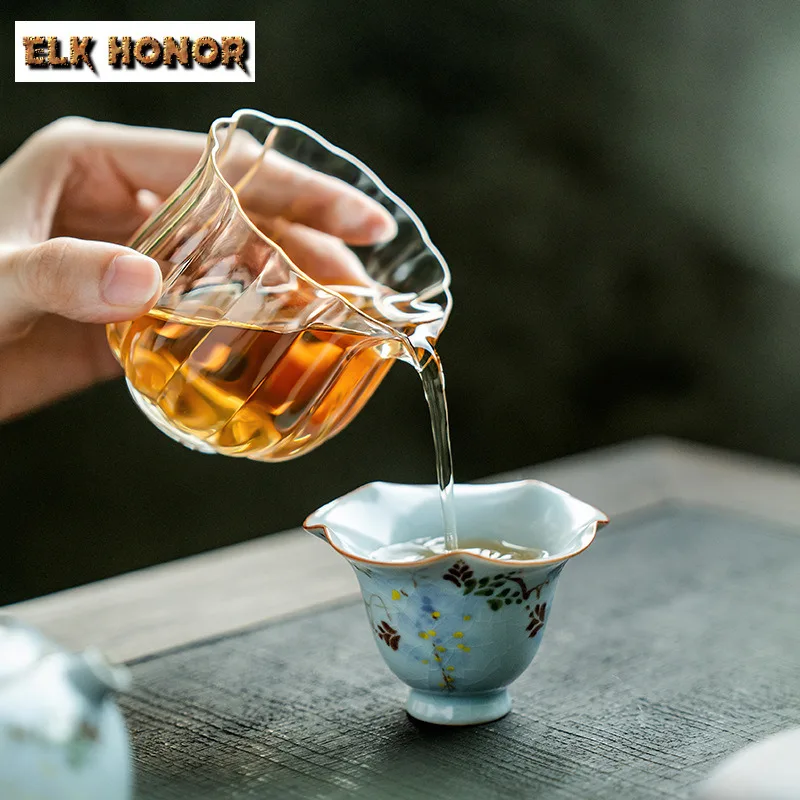 45ml Ru Kiln Hand-painted Wisteria Flower Teacup Luxury Tea Bowl Mug Tea-tasting Smelling Cup Jianzhan Master Cups Tea Ceremony
