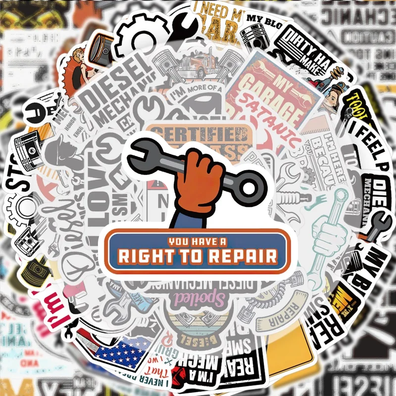 50-Piece Diesel Engine Mechanic Sticker Set, Vibrant Sticker Decals, Multiple Styles Without Duplication, Suitable for Water Bottles, Laptops, Suitcases, Skateboards, Guitars, Party Decorations