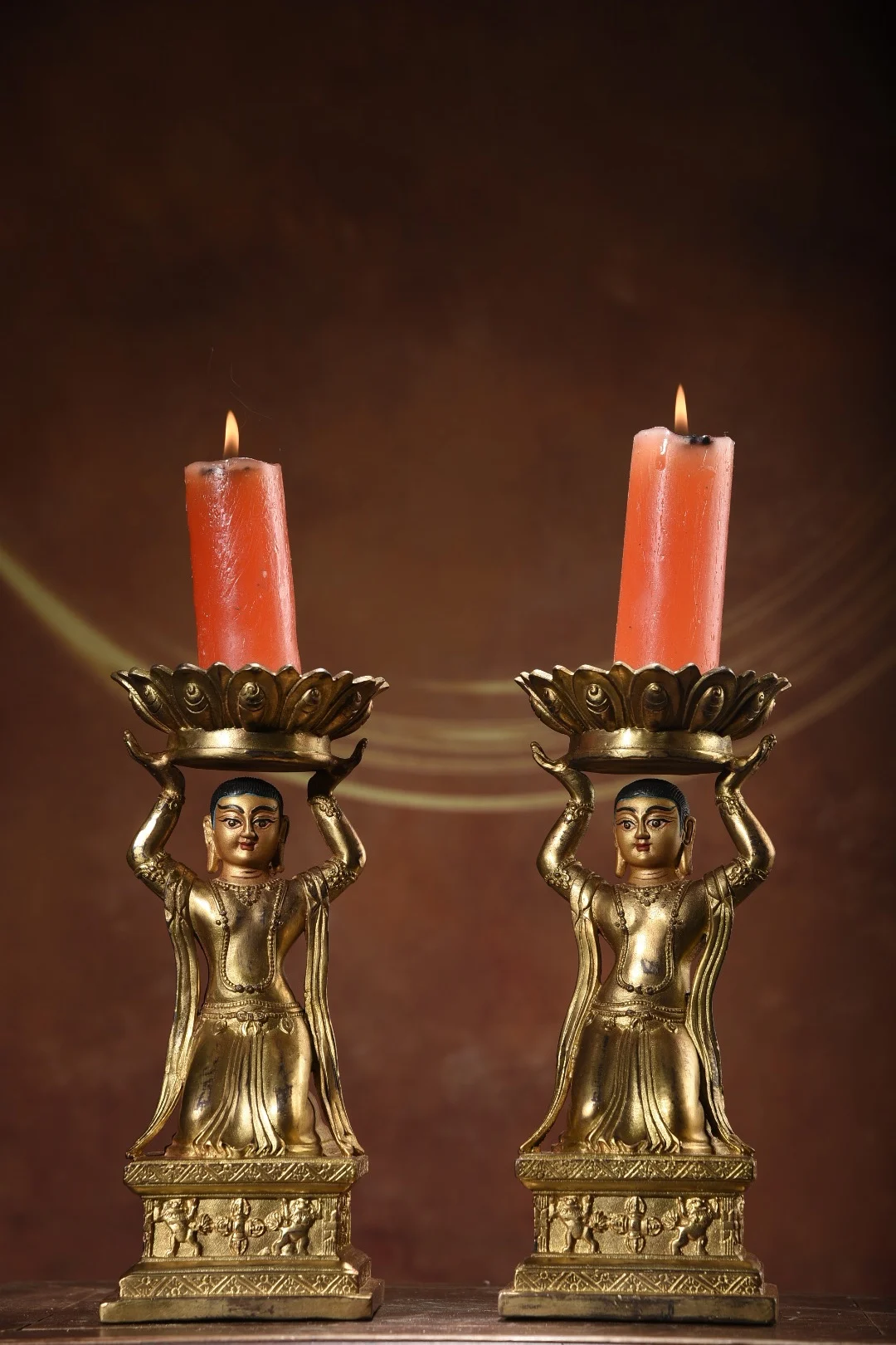

9"folk Bronze Gilded Cinnabar Kneeling Sservant Maid Lotus oil lamp Candlestick A pair Worship Hall