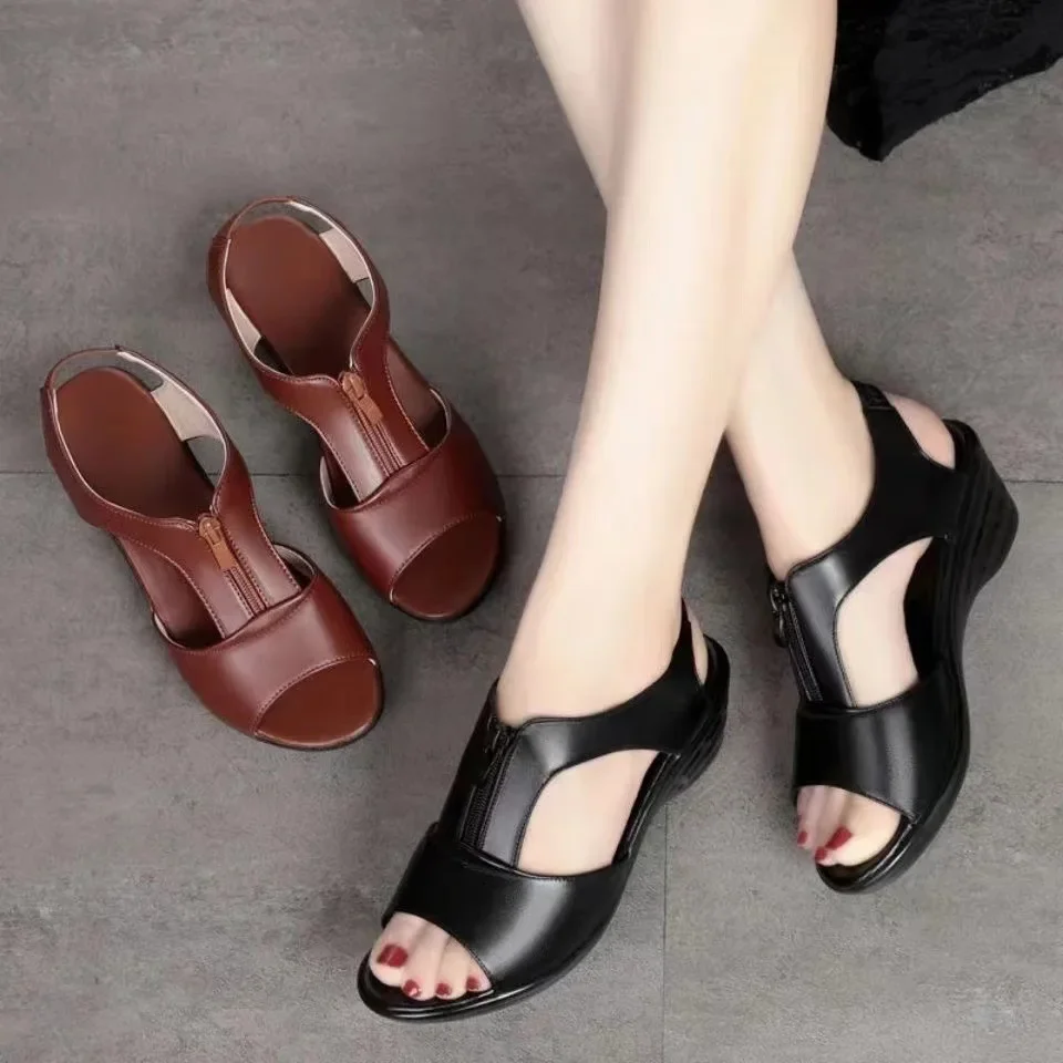 

Women Sandals High Quality Soft Leather Sandals Women Wedge Platform Sandals Summer Open Toed Fish Mouth Sandal Sandalias Mujer