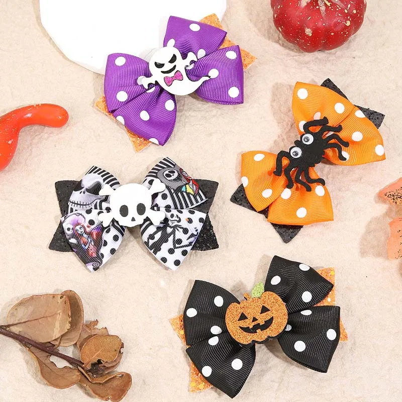 Oaoleer 3inch Halloween Bows Hair Clip For Baby Girl Funny Ghost Print Glitter Bowknote Hair Pin Girls Headwear Hair Accessories