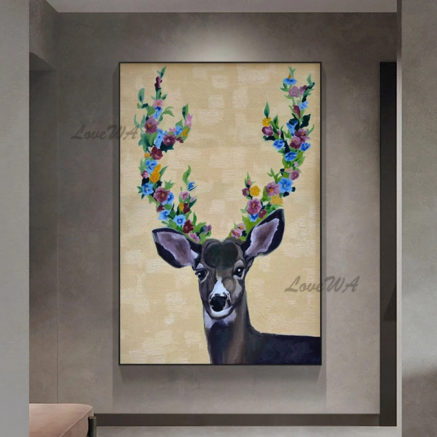 Deer Abstract Art Paintings Frameless Acrylic Floral Texture Hand Drawing Canvas Decoration Picture Modern Animal Design Wall