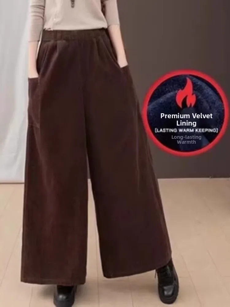 

Thiened Fce Вельветовые широкие брюки Женские зимние художественные ретро повседневные вельветовые брюки большого размера для мам с большой ногой