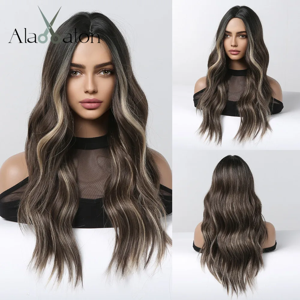 ALAN EATON Long Ombre Brown Synthetic Wig Brown Highlight Middle Part Hair Wig for Women Daily Use Natural Heat Resistant Fiber