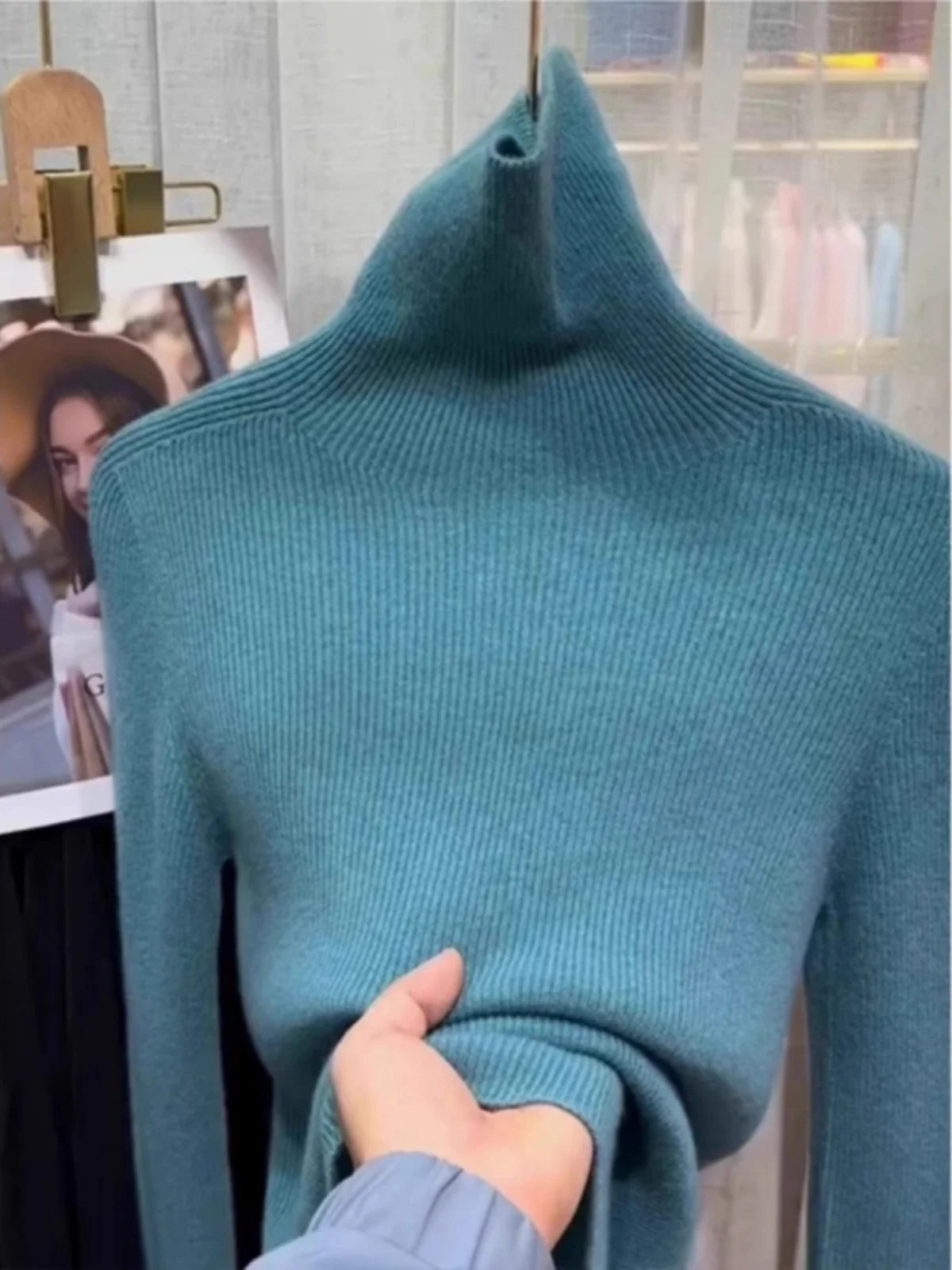 

Элитный женский свитер с высоким воротником, базовый слой, осенне-зимняя вязаная кофта, топ, цвет павлиний синий, трикотажная базовая вещь