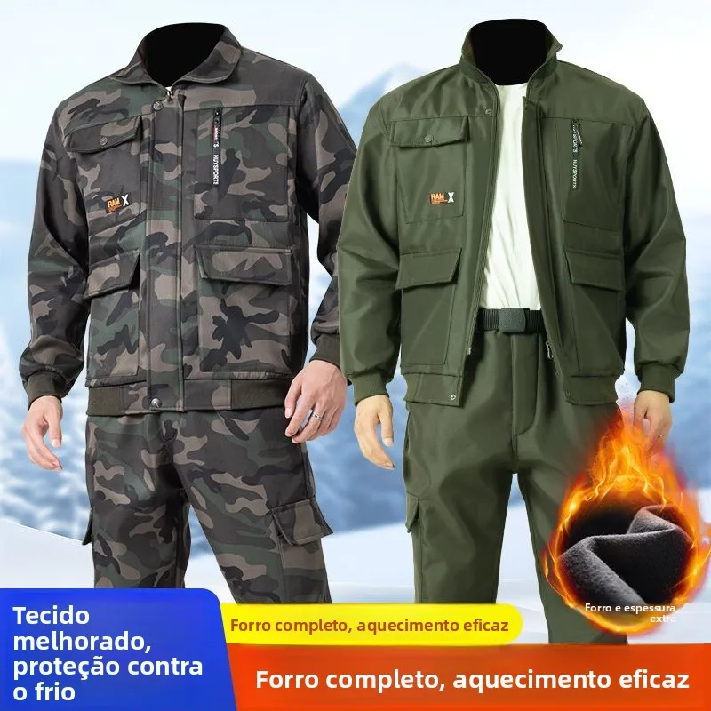 厚みのあるフリース迷彩作業服セット男性の冬用作業服耐摩耗性耐久性のある自動車修理労働保護スーツ