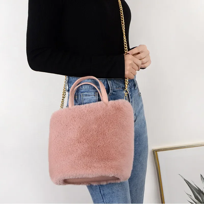 Bolso de mano para mujer, bandolera con cadena de Color sólido, Material de felpa de imitación de visón informal a la moda, calidad superior, nuevo