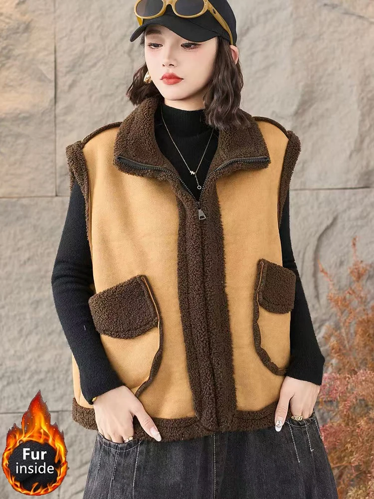 Amax LuluE 韓国製 冬用ベスト レディースファッション 暖かいファー スエード ノースリーブコート 2025 レディース クラシック ルーズ カジュアル ヴィンテージ ベスト