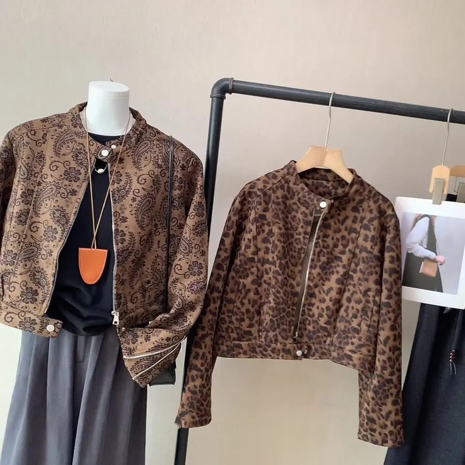 

Vintage Leopard Short Jacket for Women Autumn Winter Fashion Zipper Long Sleeve Suede Coat Motorcycle Style Female Outwear