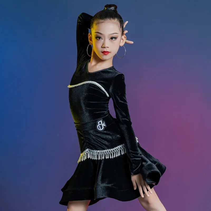 High End Kids Latin Dance Wear Girls Velvet Practice Dress Autumn Winter Warm Training Performance Competition Costumes