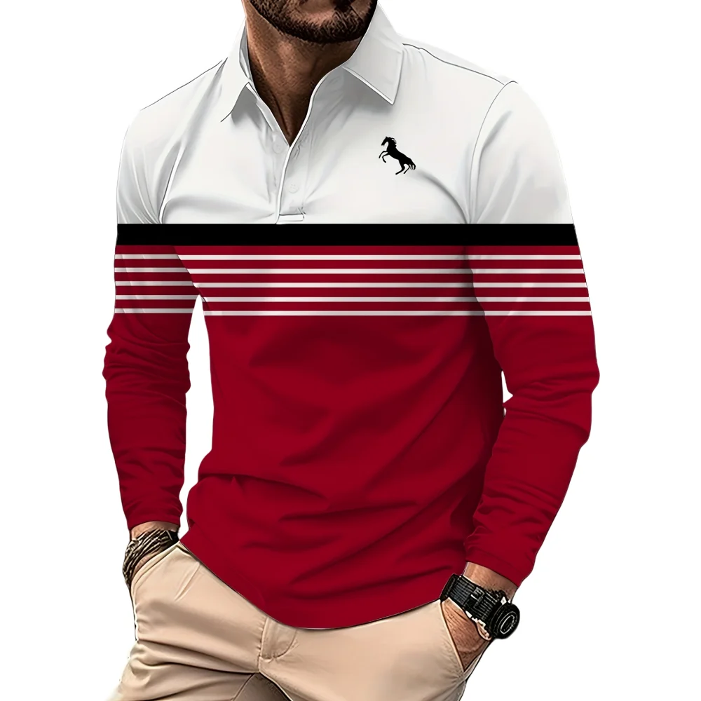 Stripe Pattern Print Polo Shirts Men Casual Street Lapel 2024 Golf Wear Men Tops Fashion Sport Comforts Men Long Sleeve T-Shirt