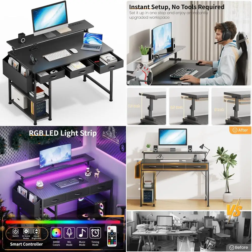 LED-Illuminated Gaming Desk with Power Outlets, 47 Computer Desk featuring 3 Drawers and Adjustable Monitor Stand for Home Offic