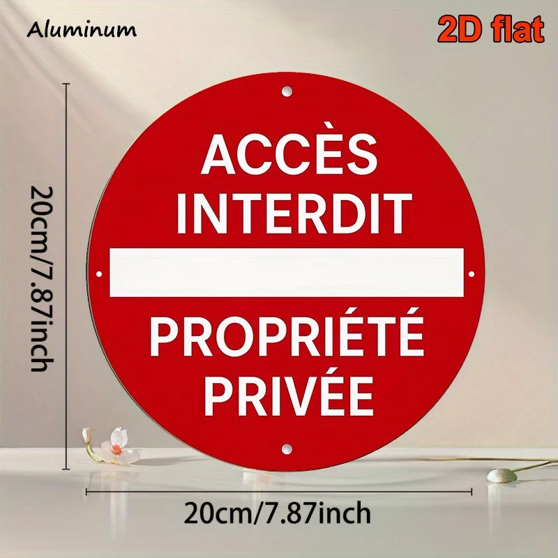 A Vintage-Style Round Aluminum Sign in French, Measuring 20.32X20.32cm, Stating 'No Trespassing on Private Property.' This Retro