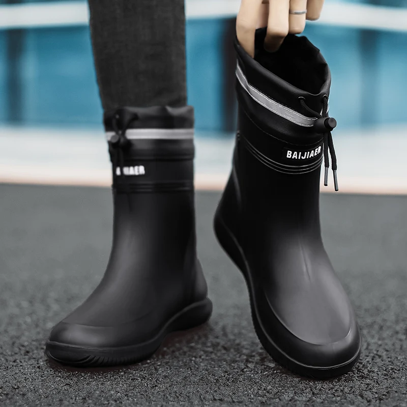 

Мужские полусапоги для дождя, нескользящие, водонепроницаемые, рабочие, специальные ботинки для дождливой погоды, весна-осень, из искусственной кожи, с резиновой подошвой