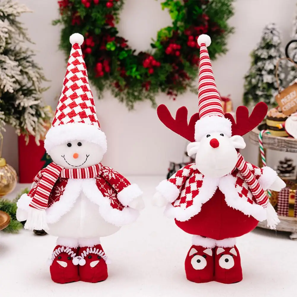 Christmas Plush Doll Soft Scarf Holiday Doll Telescopic Legs Christmas Doll Ornament Plush Santa Claus Snowman Reindeer Figurine