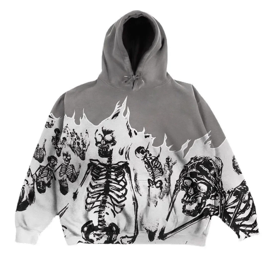 Men Anime Skull Hoodies Women Vintage Gothic Zip Up Long Sleeve Streetwear Loose Coats Harajuku Letter Print Hooded Sweatshirts