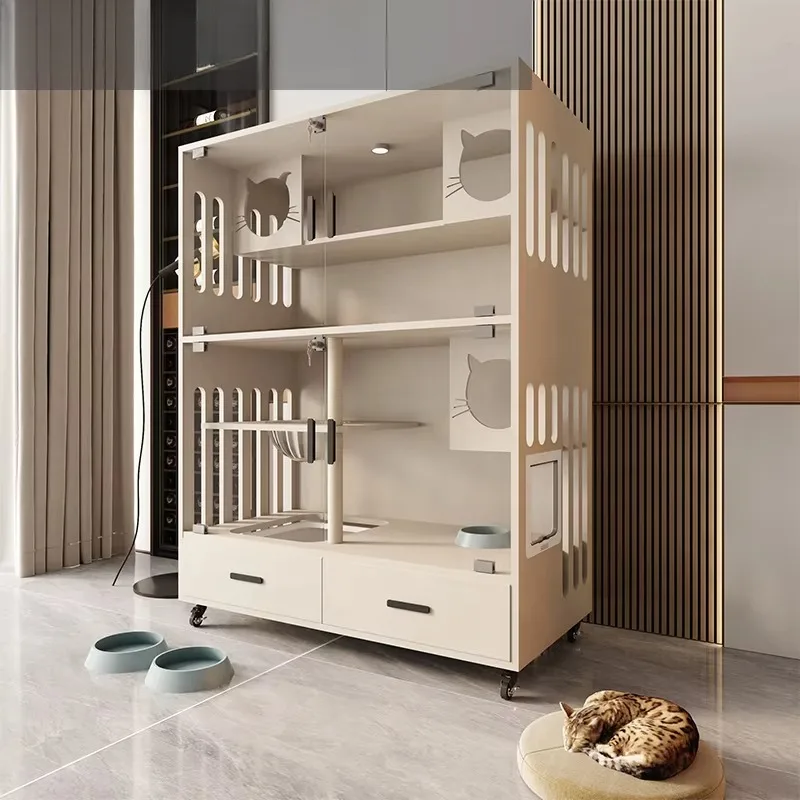 

Large luxury cat villa with multi-level tempered glass doors on wheels and ventilated wooden cat house