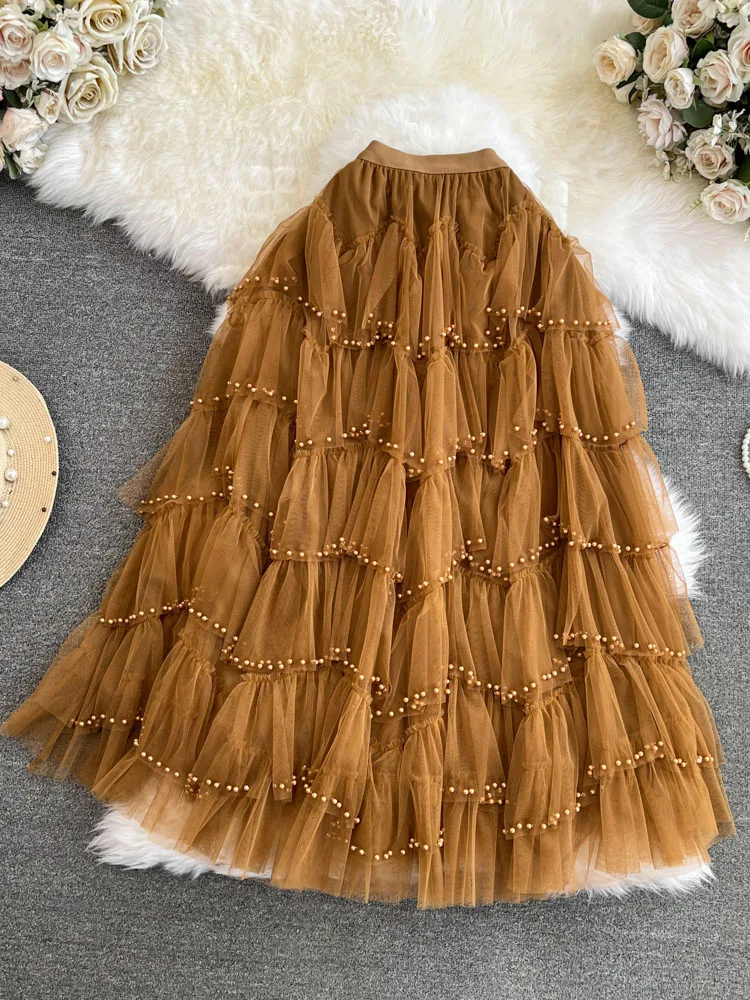 

Women Maxi Long Tulle Skirt Female Mesh A-line Skirt Korean Ruffle Beading Tiered Skirt Lady High Street Long Tutu Skirts Winter