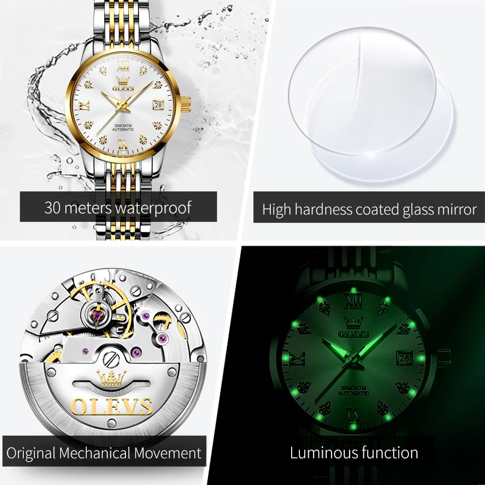 OLEVS 6673 Women Watch Luxury Elegant Mechanical Watch Date Watches For Women Stainless Steel Bracelet Set Box Original Reloj